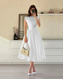 Cap Sleeve Fit & Flare A-Line Midi Dress in White image 3