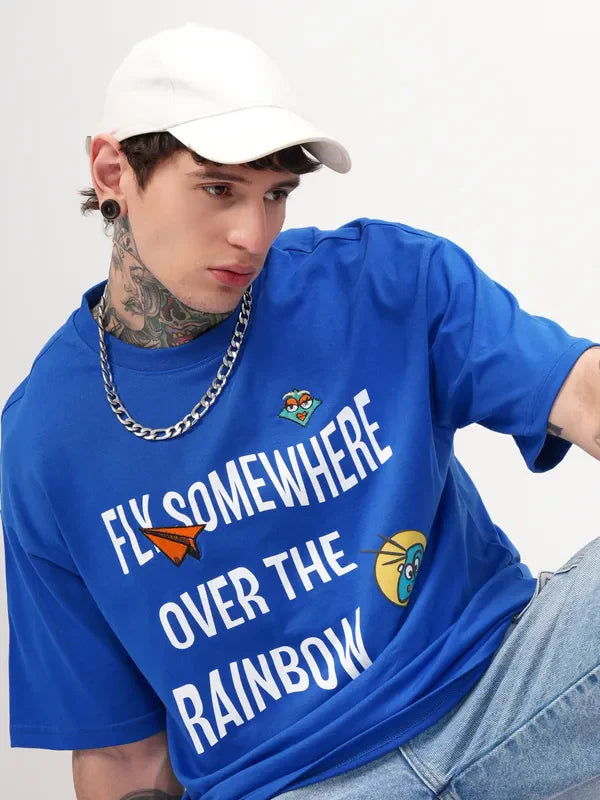 Men Blue Printed Round Neck Oversized Fit T-Shirt image 1