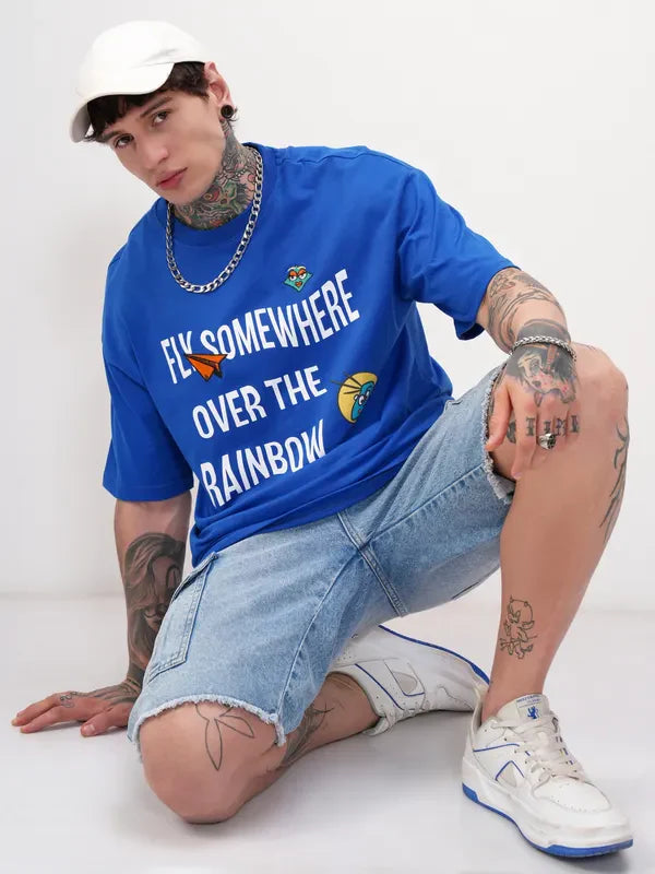 Men Blue Printed Round Neck Oversized Fit T-Shirt image 2