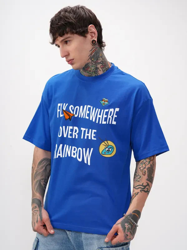 Men Blue Printed Round Neck Oversized Fit T-Shirt image 4