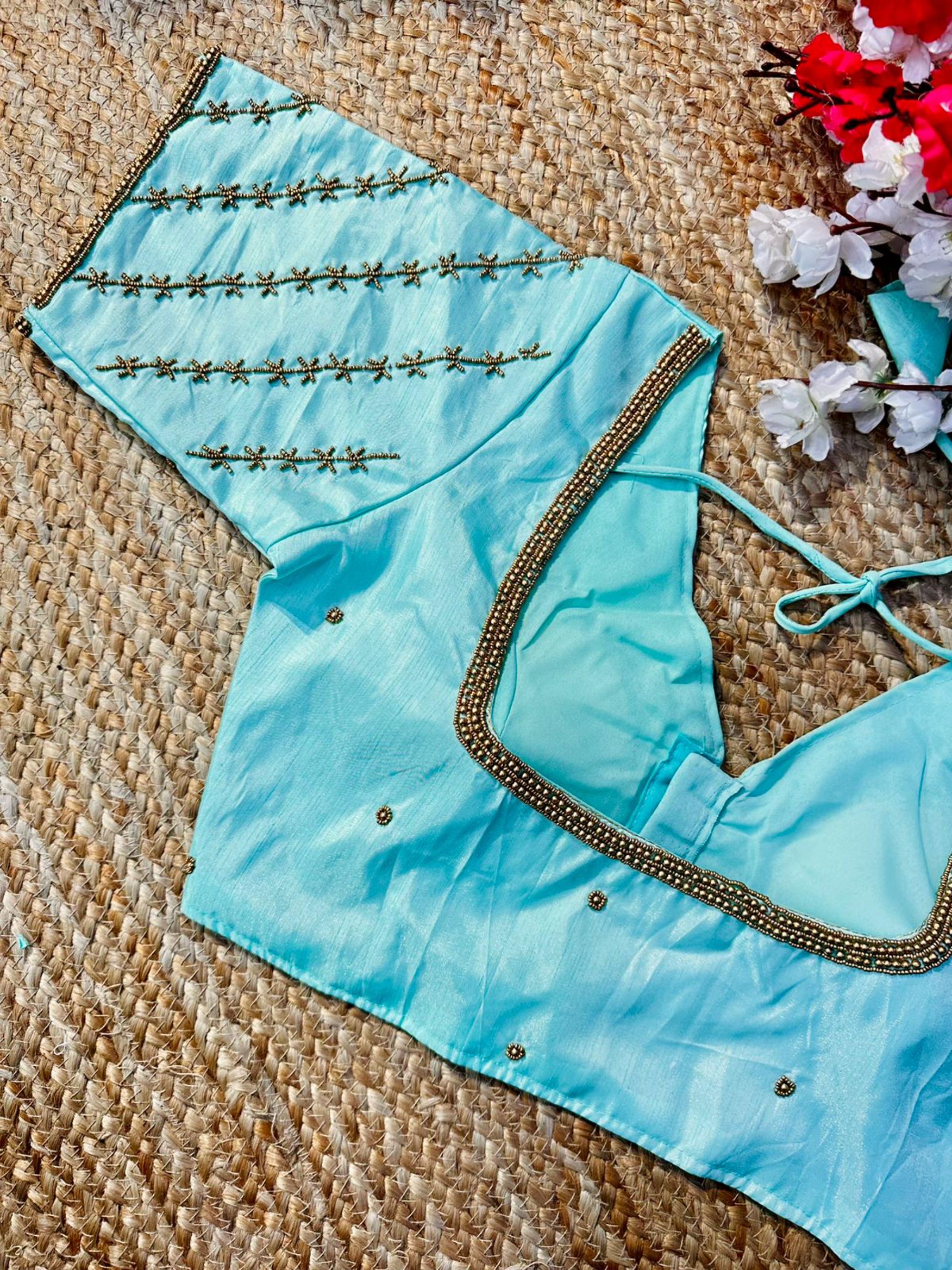 SkyBlue Silk Golden Handcrafted Work Blouse,Saree Blouse image 3