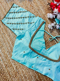 SkyBlue Silk Golden Handcrafted Work Blouse,Saree Blouse image 3