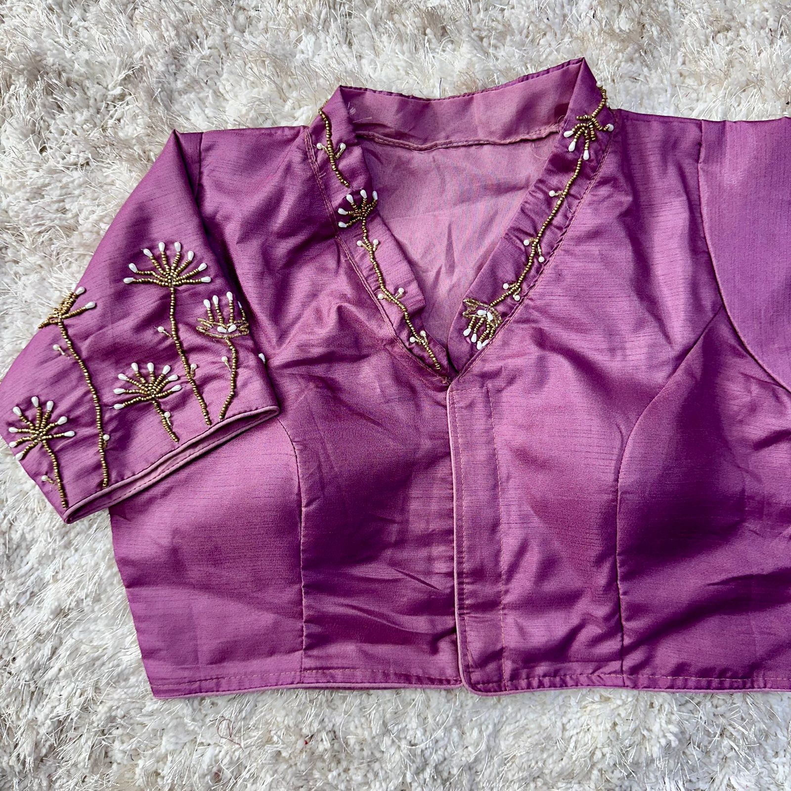 Purple Ethnic Beautiful Designer Silk Full Stitched Saree Blouse image 1