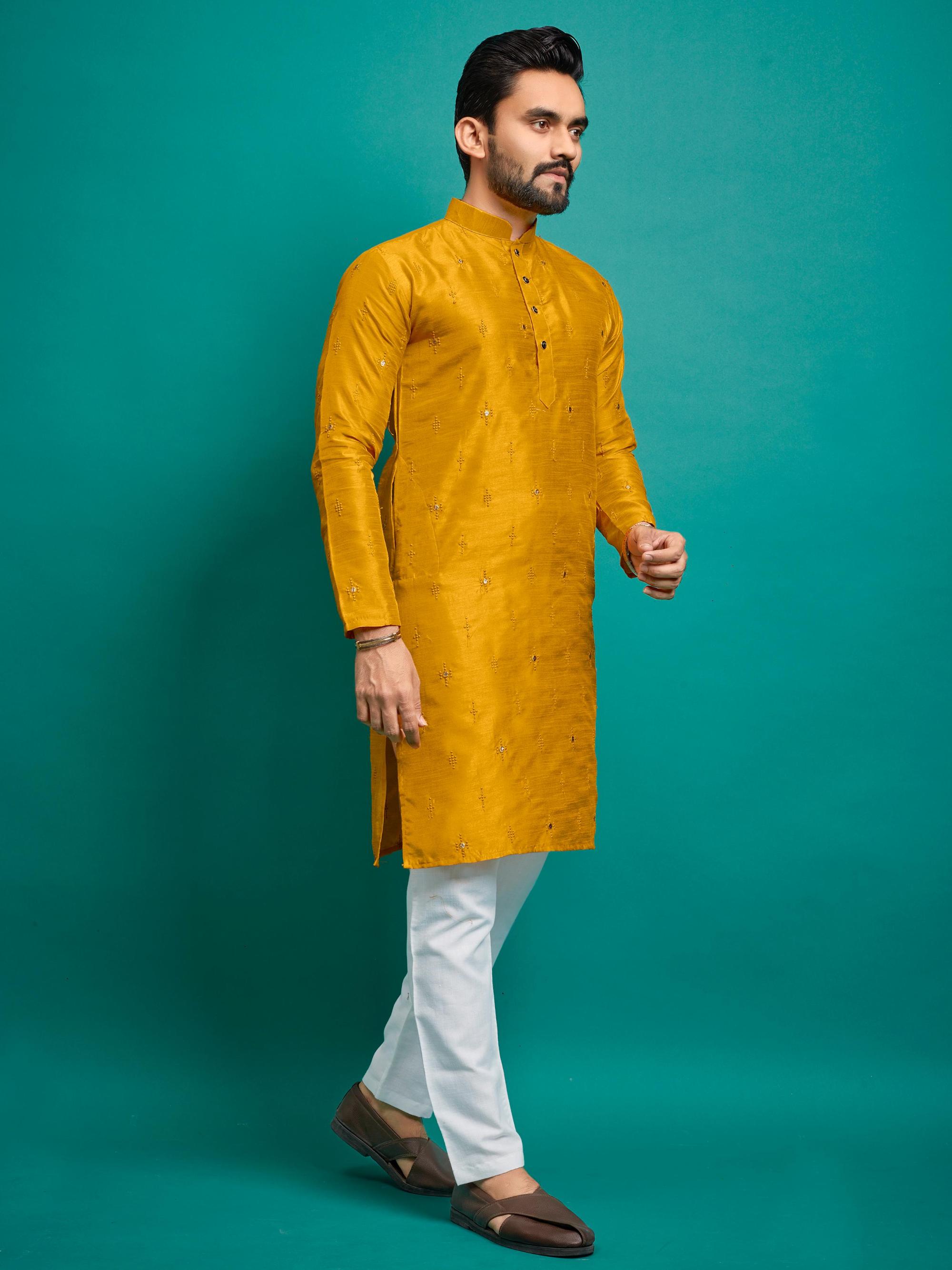 Yellow Soft Silk Embroidery Work Kurta Payjama Set image 1