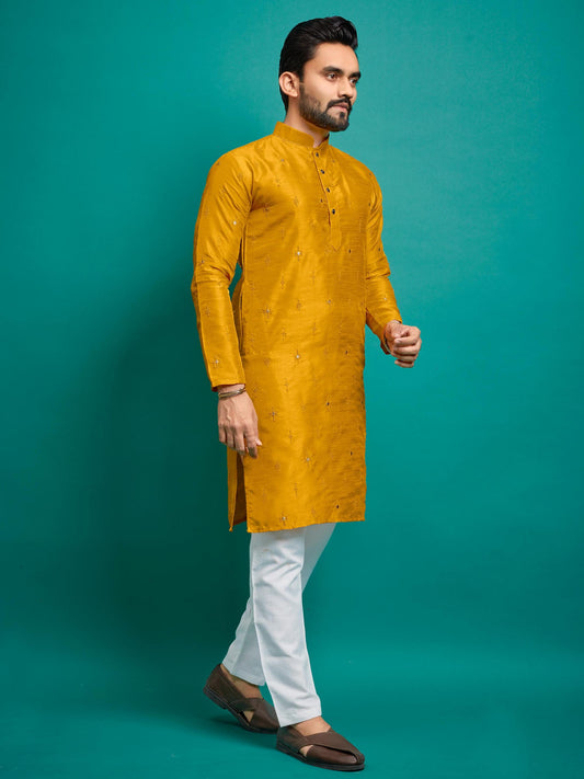 Yellow Soft Silk Embroidery Work Kurta Payjama Set image 1