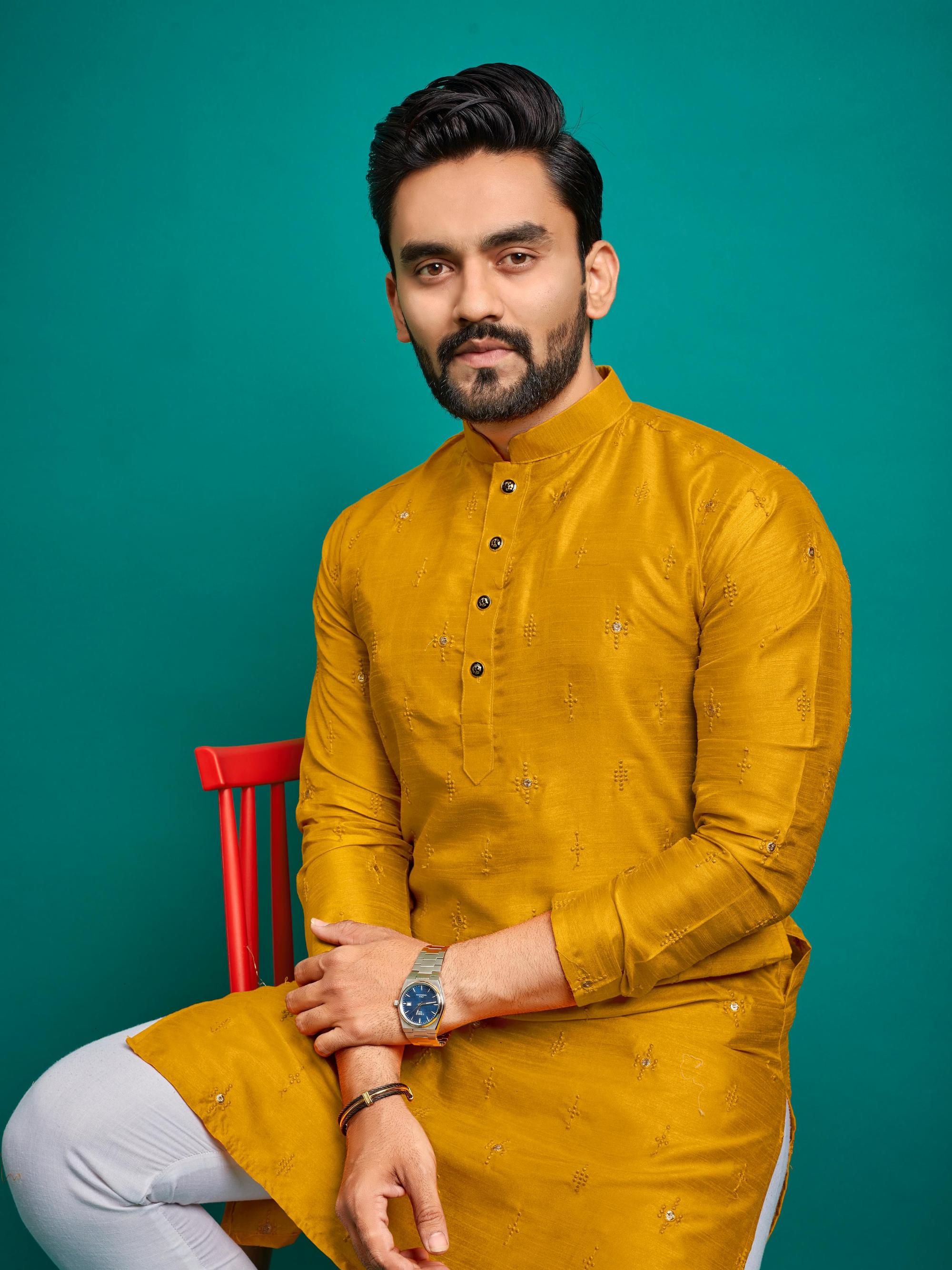 Yellow Soft Silk Embroidery Work Kurta Payjama Set image 3