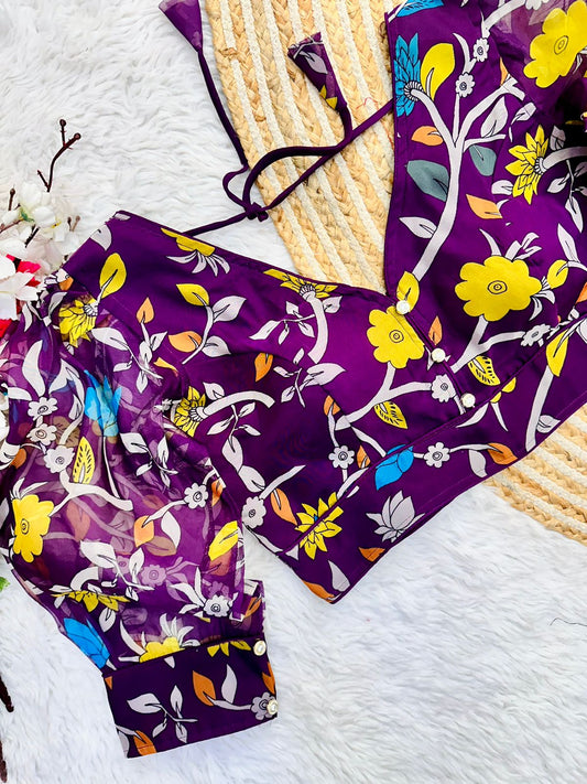 Purple Readymade Saree Blouse,Kalamkari printed Blouse image 1