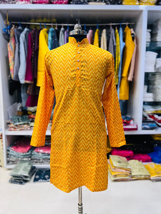 Men's Yellow Cotton With Heavy Foil Printed Kurta image 1