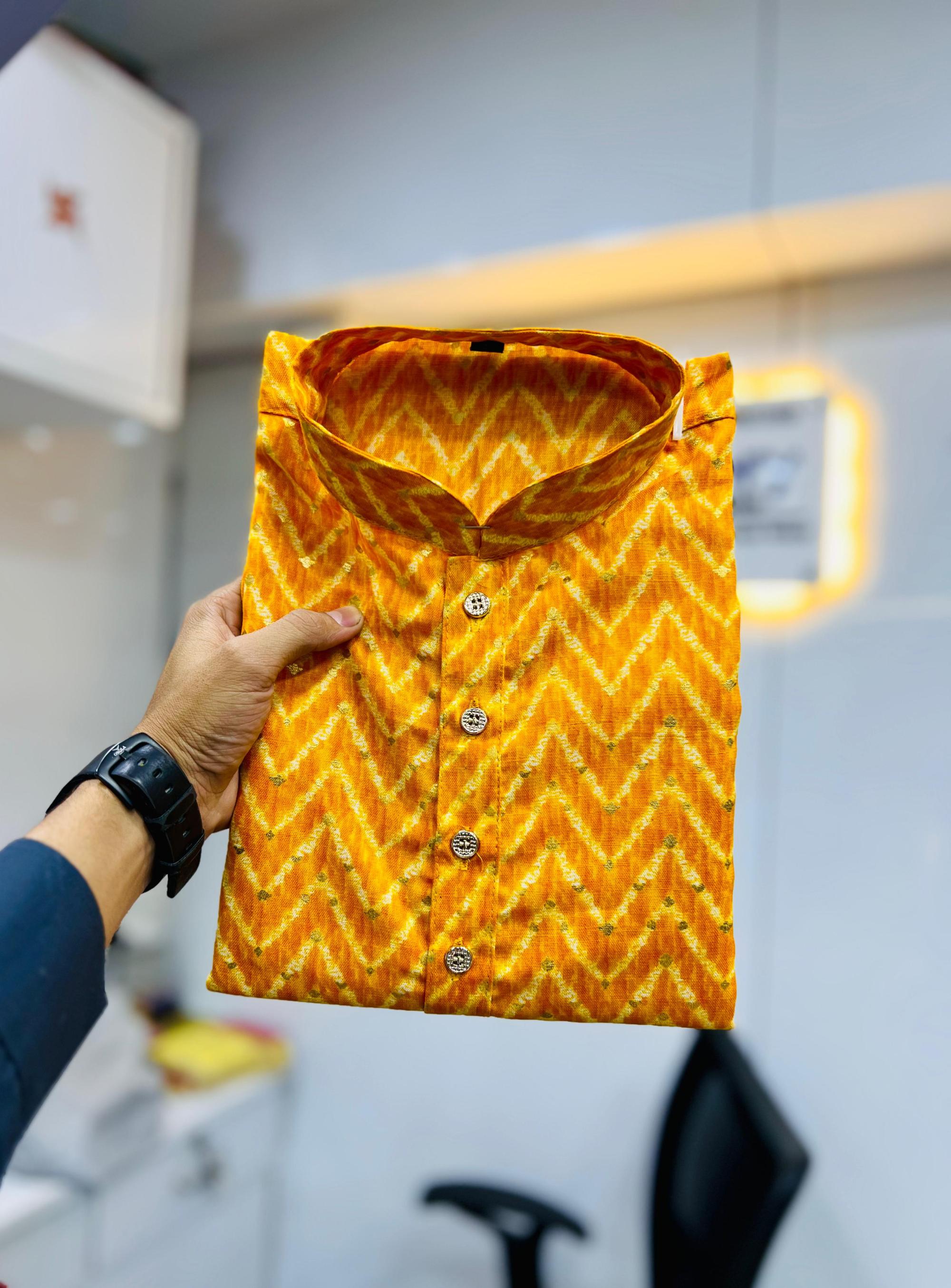 Men's Yellow Cotton With Heavy Foil Printed Kurta image 2