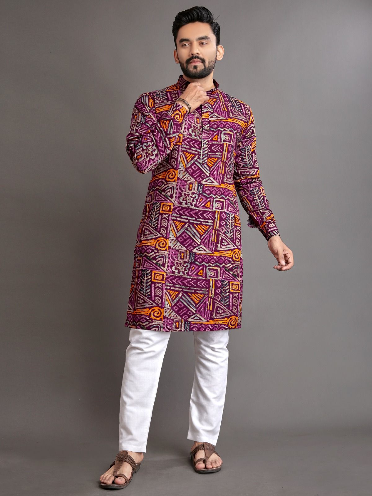 Premium Soft Cotton Foil Print Men Kurta image 2