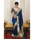 Navy Blue Soft Lichi Silk Jacquard Border Saree With Blouse image 1