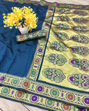 Navy Blue Soft Lichi Silk Jacquard Border Saree With Blouse image 6