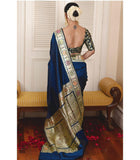 Navy Blue Soft Lichi Silk Jacquard Border Saree With Blouse image 2