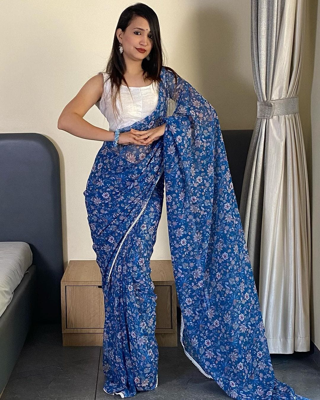 Blue Pure Soft Georgette Silk Ready To Wear Saree image 2