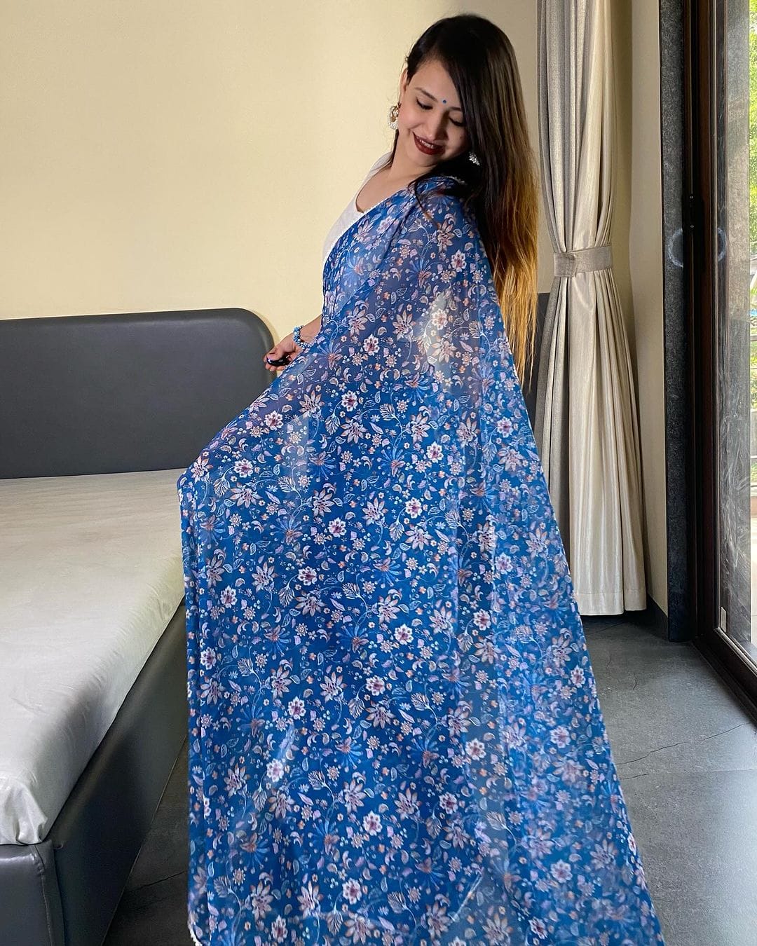 Blue Pure Soft Georgette Silk Ready To Wear Saree image 6
