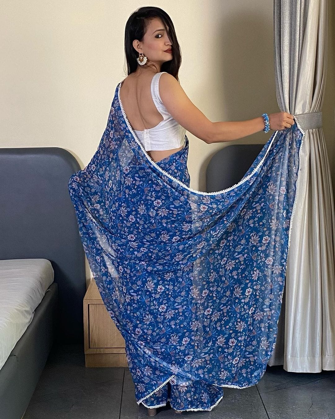 Blue Pure Soft Georgette Silk Ready To Wear Saree image 7