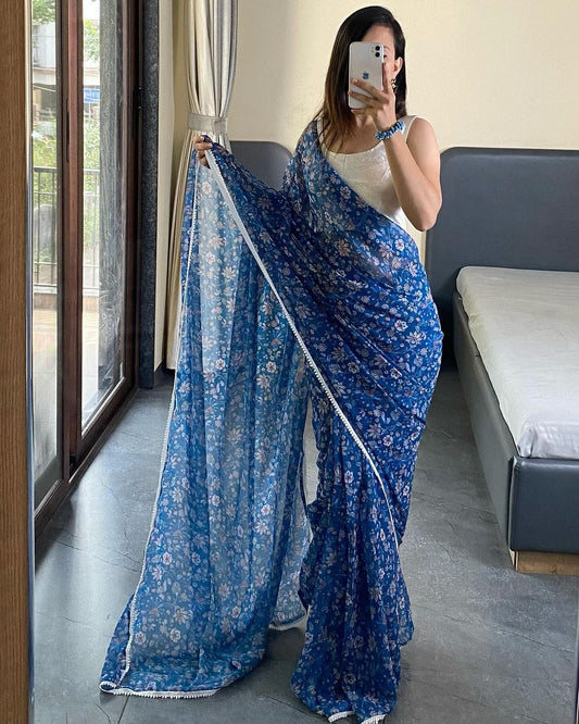 Blue Pure Soft Georgette Silk Ready To Wear Saree image 1