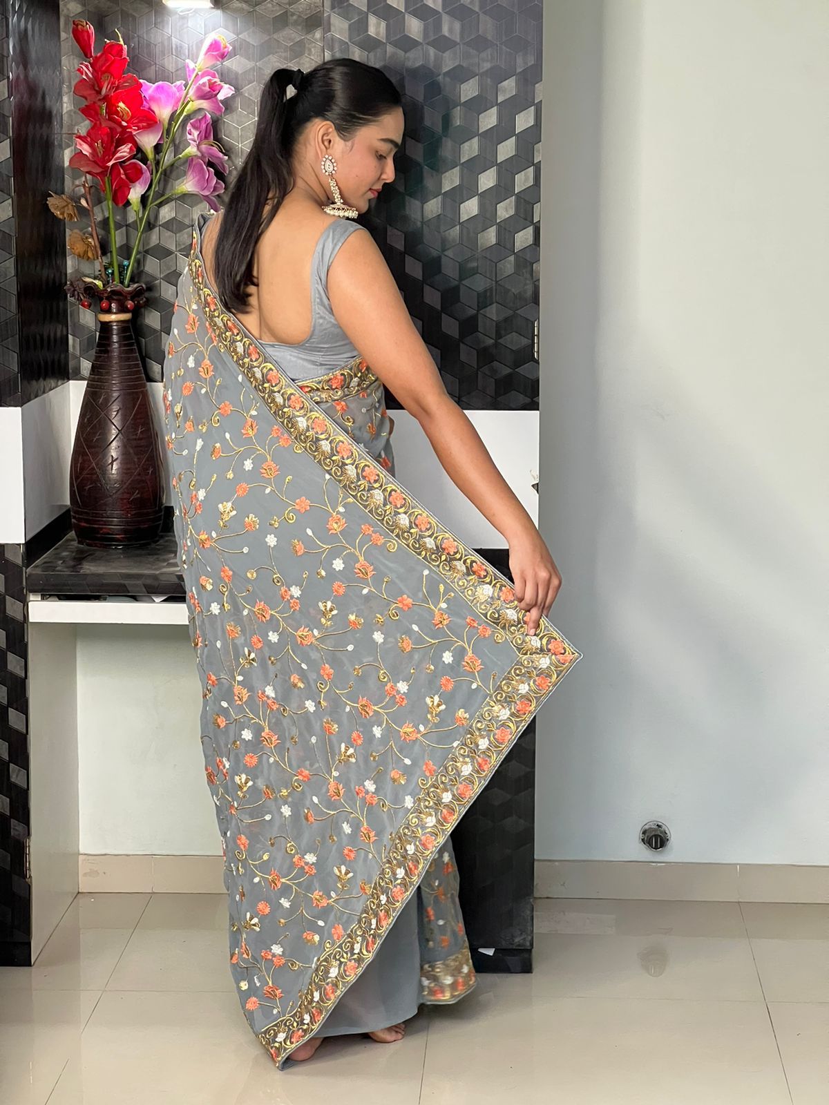 Grey Georgette With Zari & Sequence Work Saree image 4