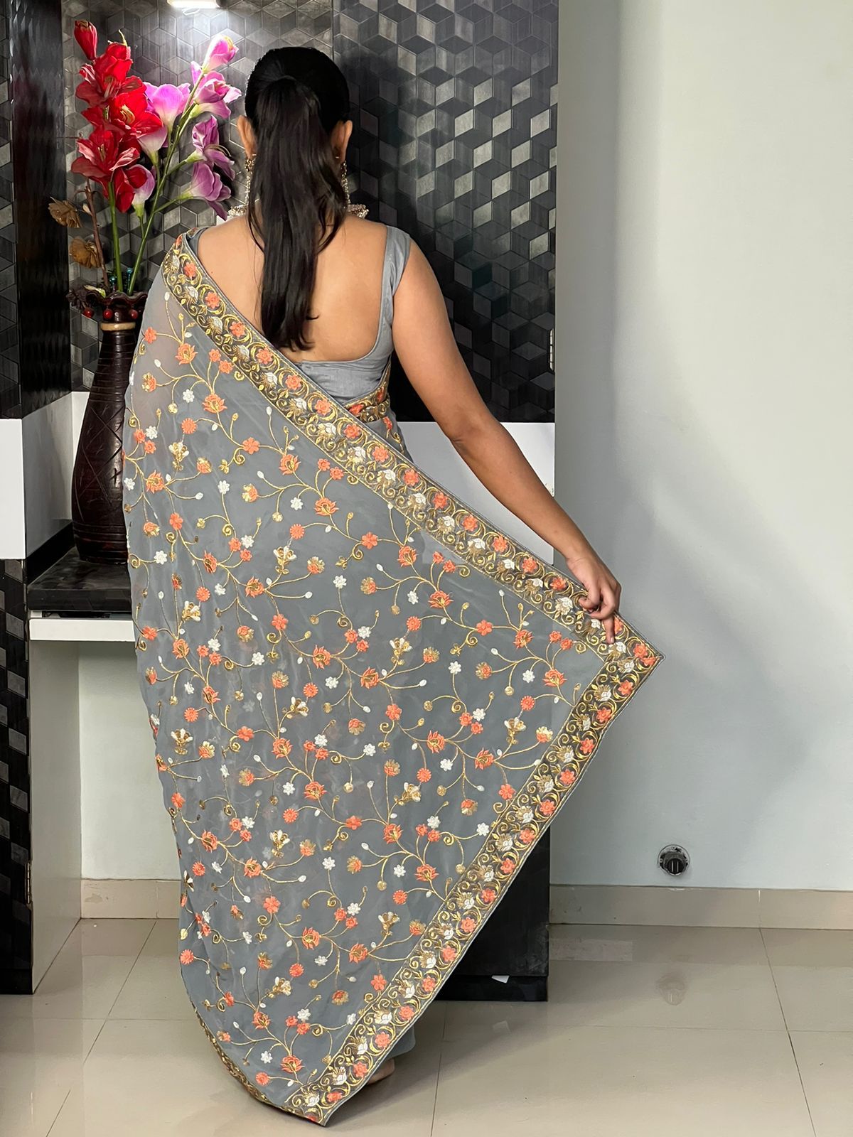 Grey Georgette With Zari & Sequence Work Saree image 6