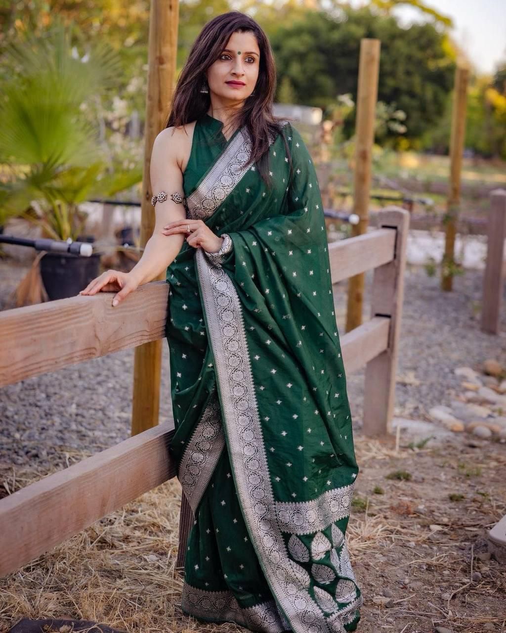 Green Soft Lichi Silk Jacquard Work Saree image 1