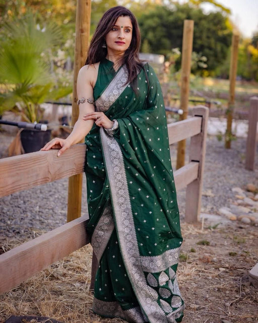 Green Soft Lichi Silk Jacquard Work Saree image 1