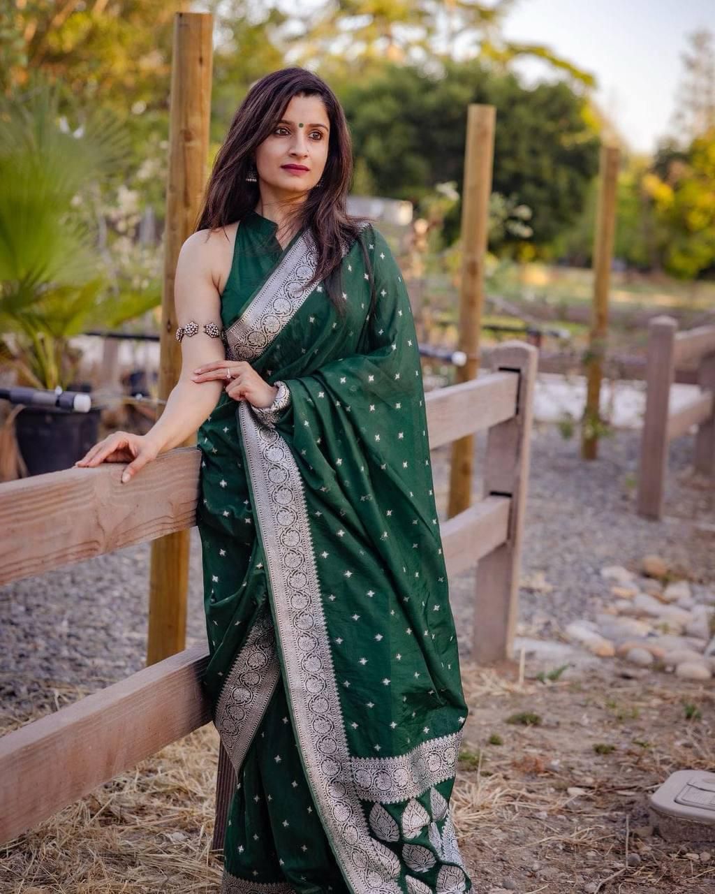 Green Soft Lichi Silk Jacquard Work Saree image 5