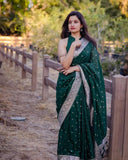 Green Soft Lichi Silk Jacquard Work Saree image 6
