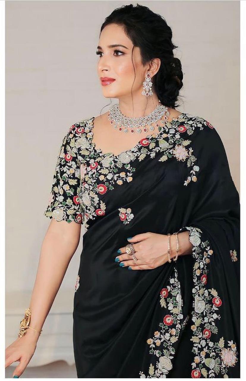Black Georgette Embroidery Work Saree With Blouse image 2