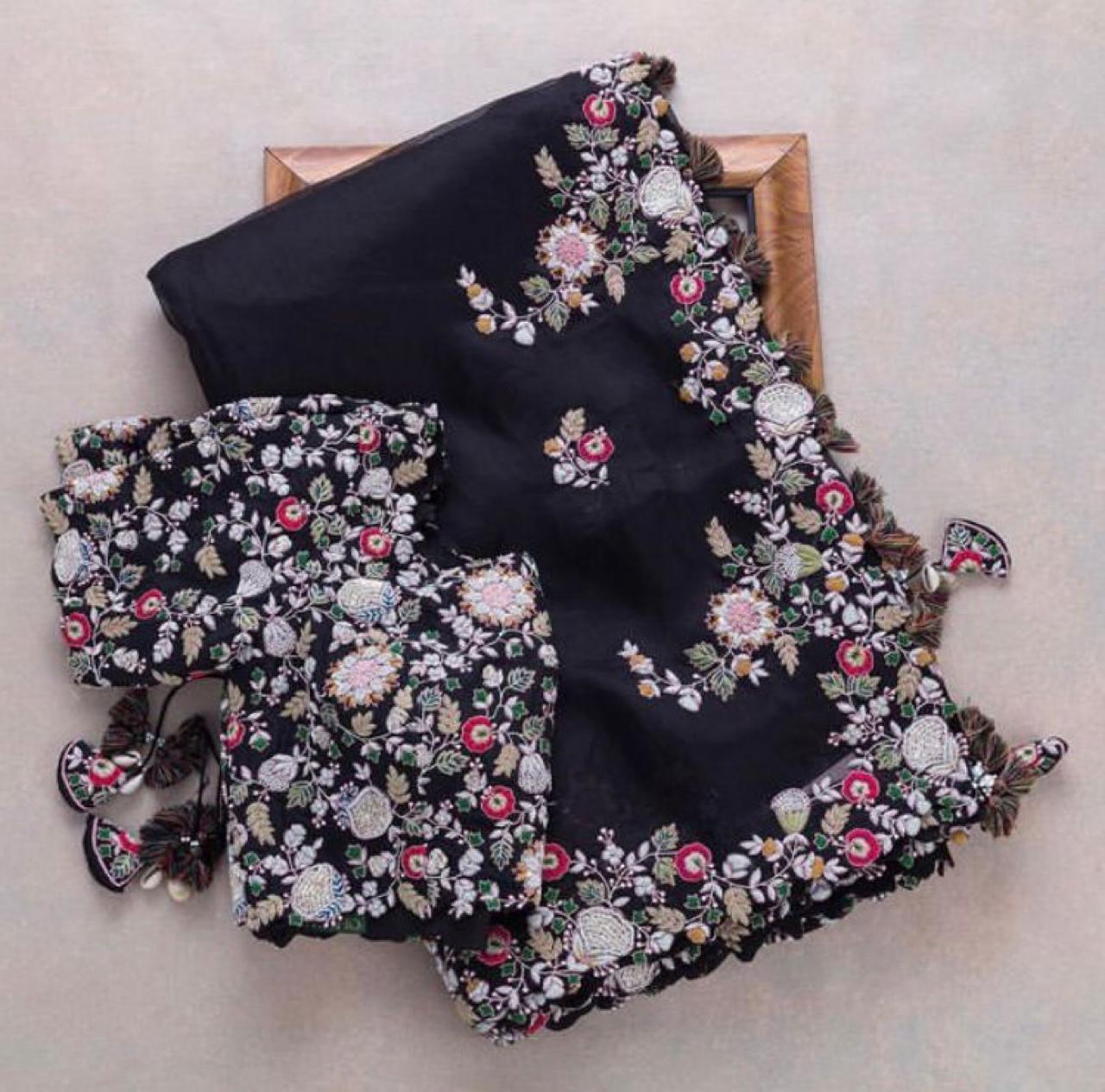 Black Georgette Embroidery Work Saree With Blouse image 8