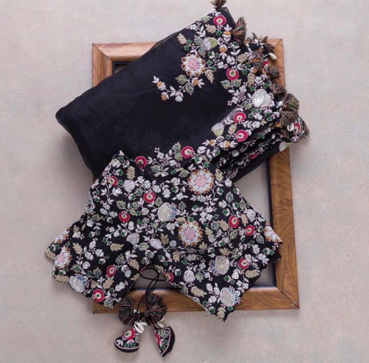 Black Georgette Embroidery Work Saree With Blouse image 9