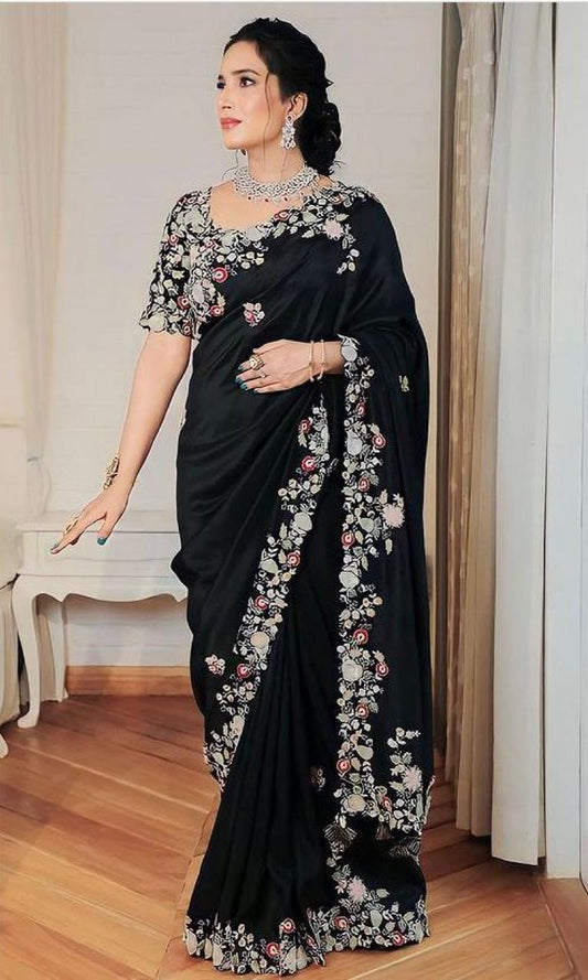 Black Georgette Embroidery Work Saree With Blouse image 1