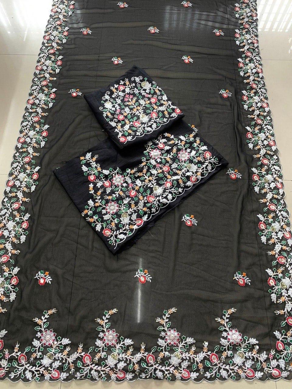 Black Georgette Embroidery Work Saree With Blouse image 16