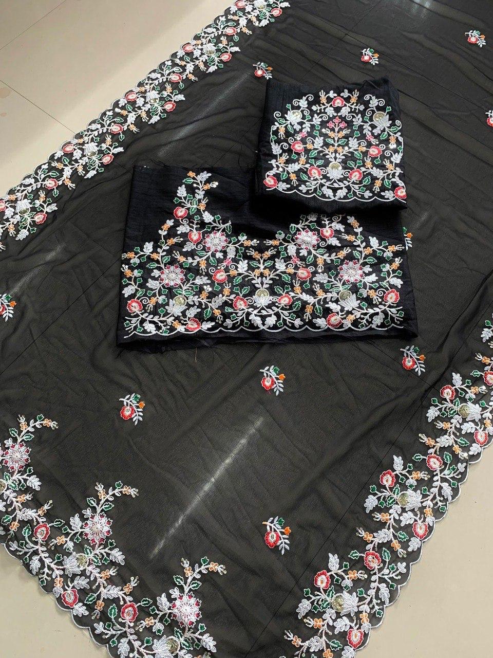 Black Georgette Embroidery Work Saree With Blouse image 14