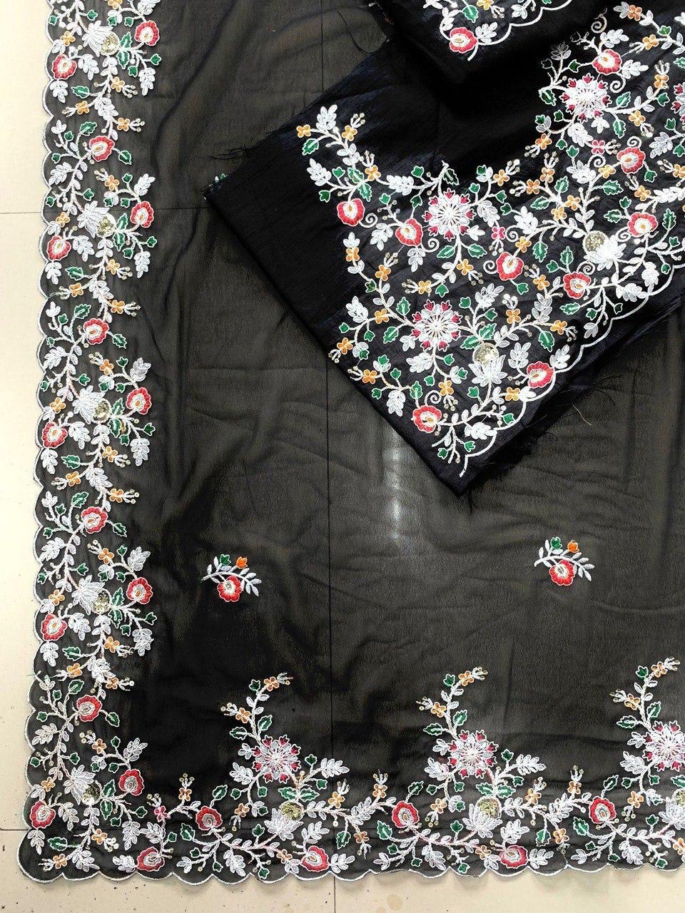 Black Georgette Embroidery Work Saree With Blouse image 15
