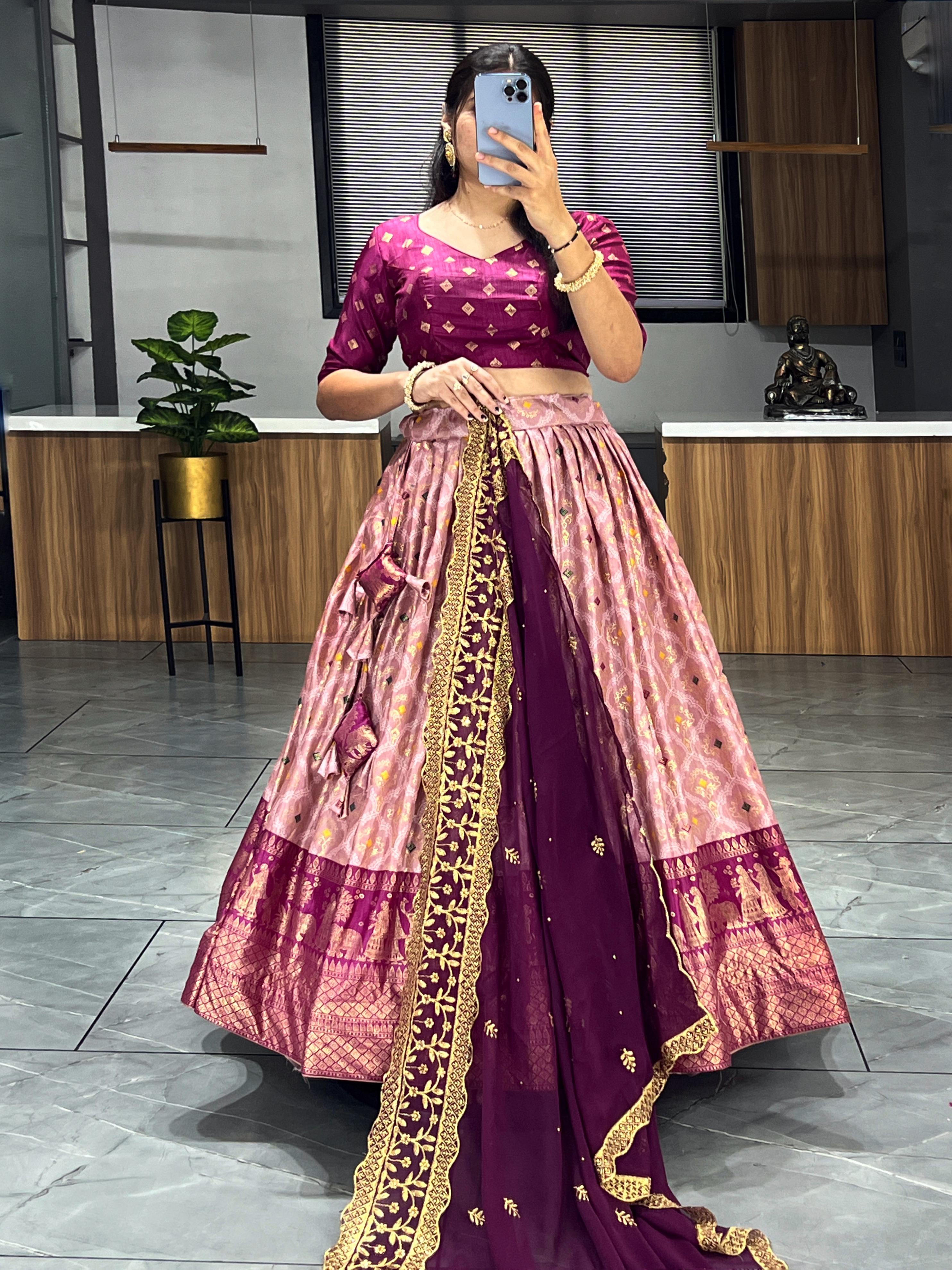 Soft Dola Silk Contrast Foil Work Border Lehenga Choli, Dupatta image 3