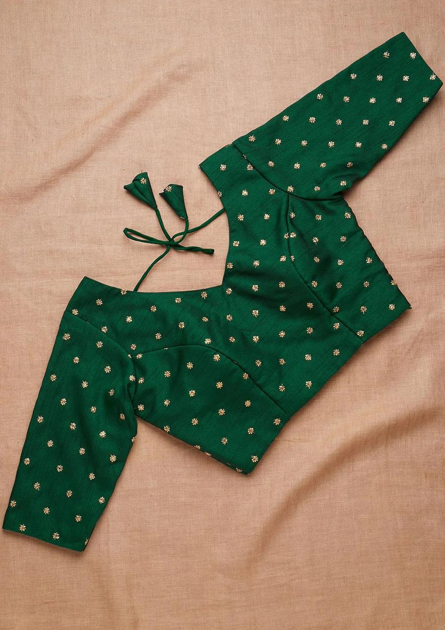 Green Readymade Saree  Blouse, Golden Zari Blouse image 1