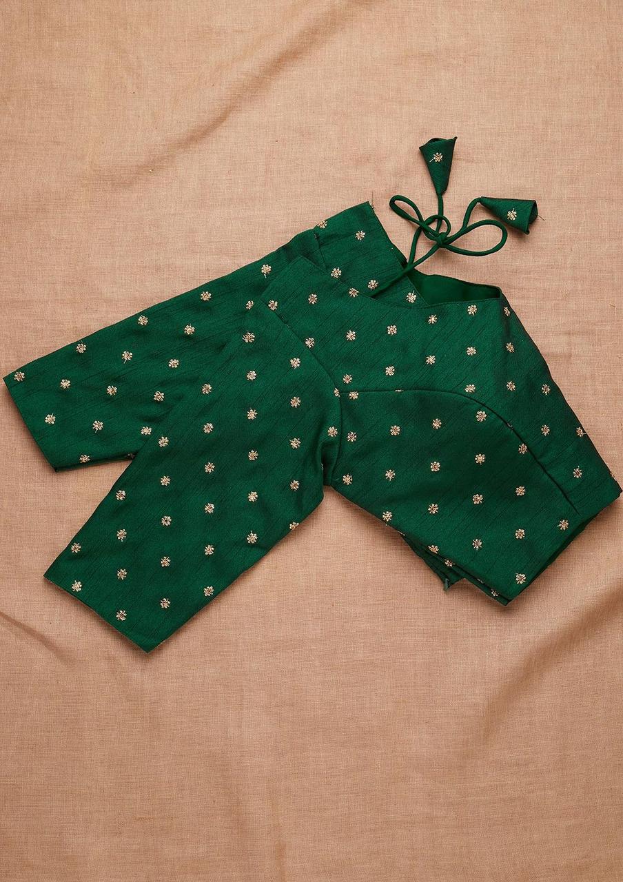 Green Readymade Saree  Blouse, Golden Zari Blouse image 3