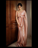 Peach Banarasi Soft Silk Saree With Unstitched Blouse image 3