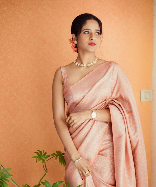 Peach Banarasi Soft Silk Saree With Unstitched Blouse image 1