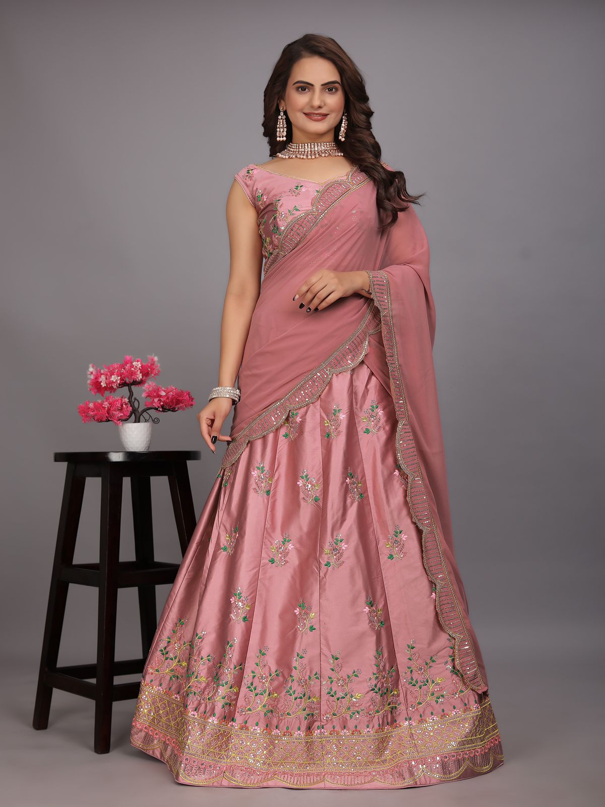 Malay Satin Silk Sequence Embroidery Work Lehenga Blouse Dupatta image 2