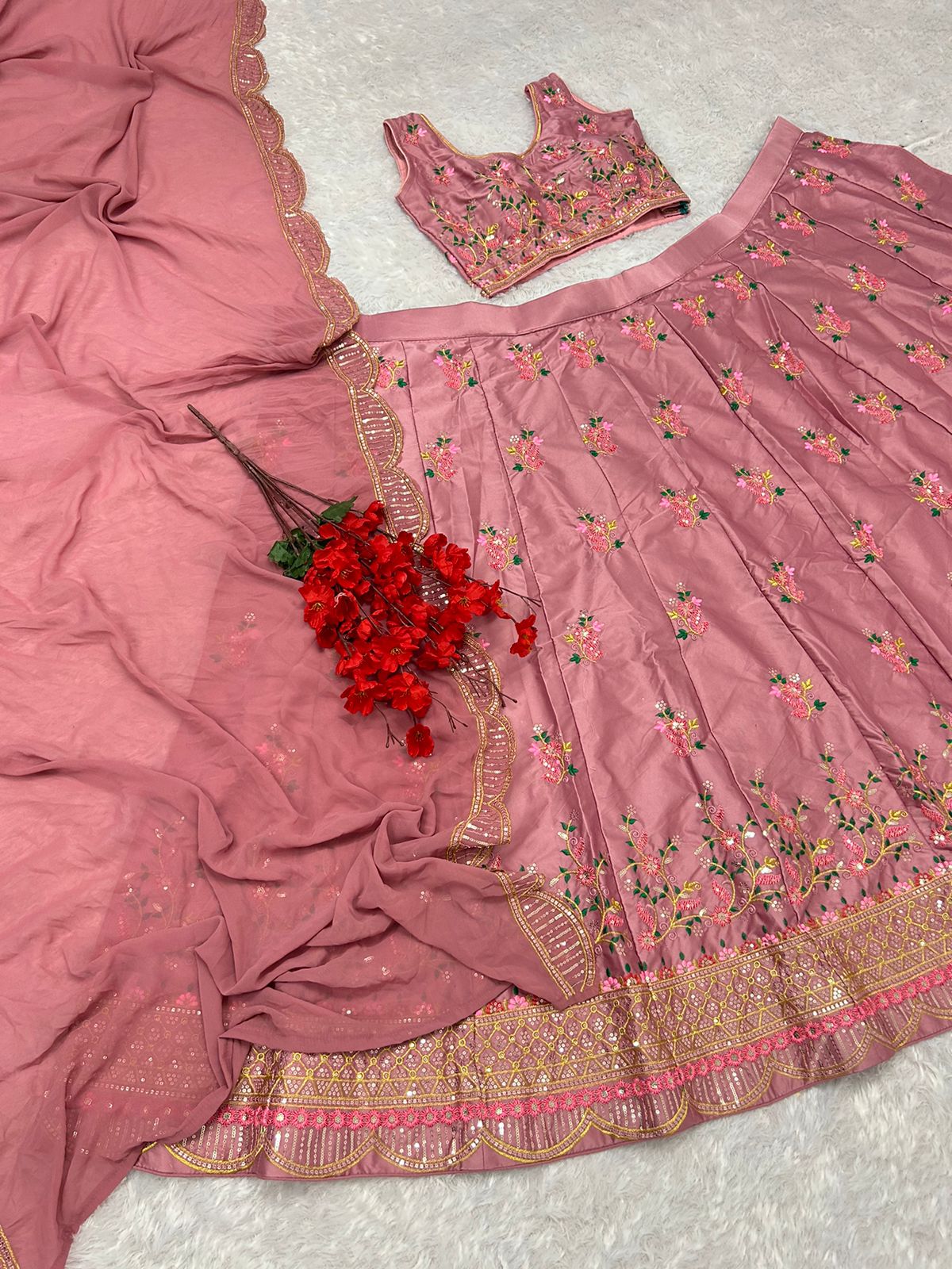 Malay Satin Silk Sequence Embroidery Work Lehenga Blouse Dupatta image 8