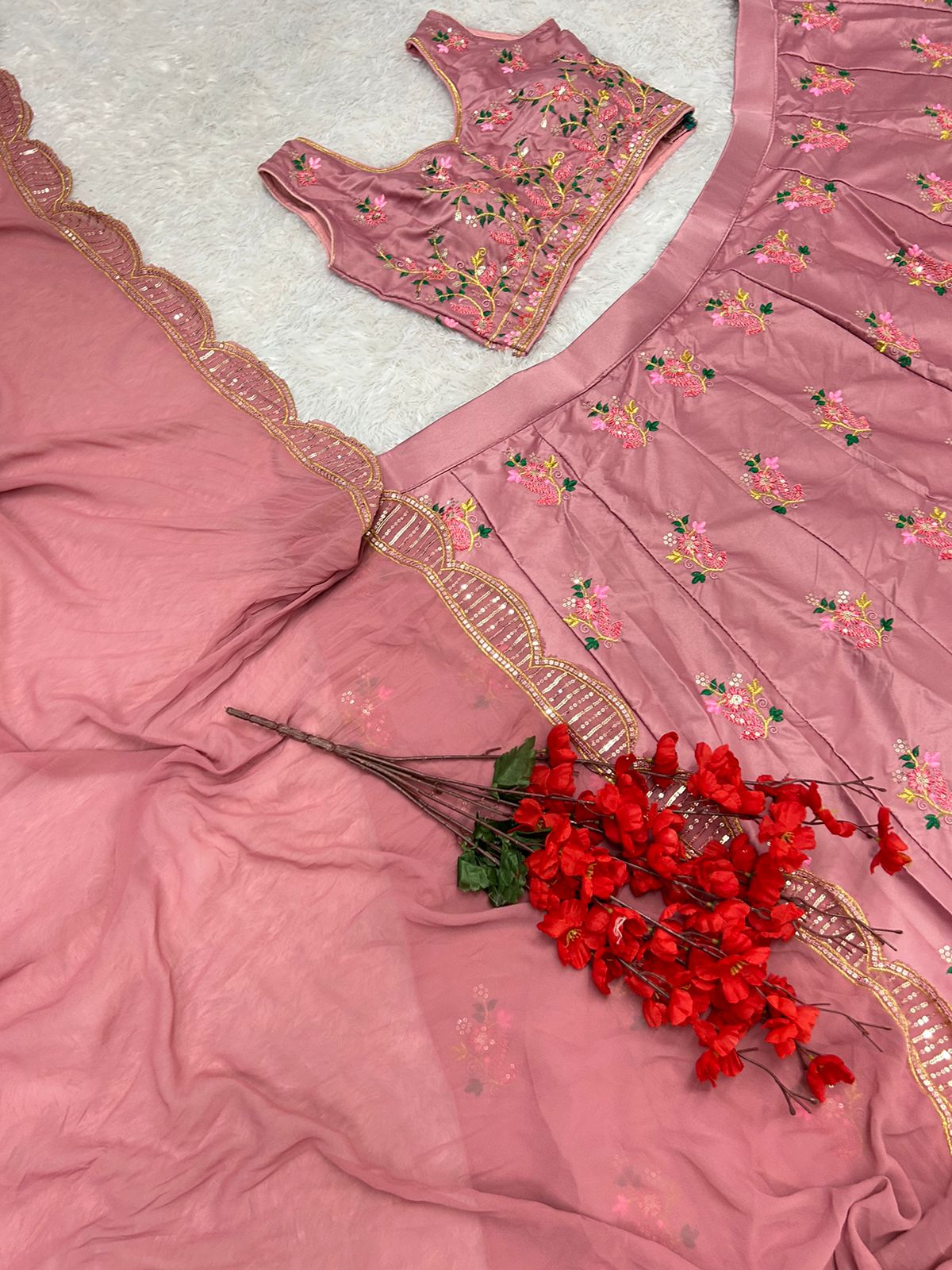 Malay Satin Silk Sequence Embroidery Work Lehenga Blouse Dupatta image 9