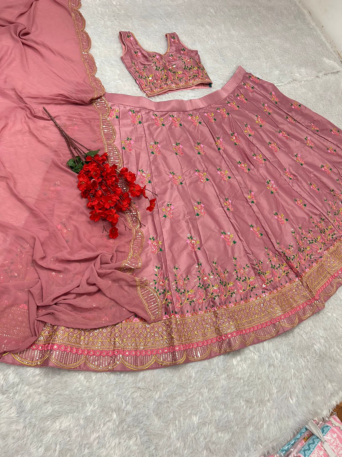 Malay Satin Silk Sequence Embroidery Work Lehenga Blouse Dupatta image 10