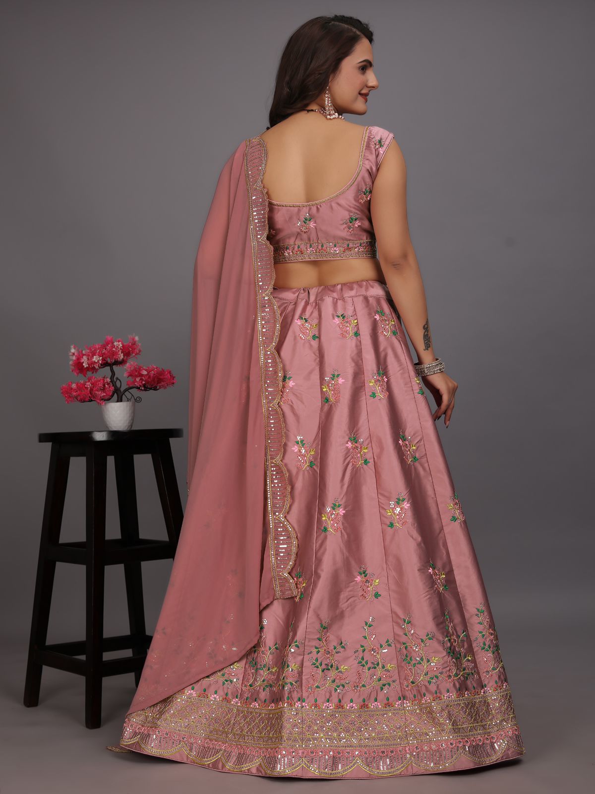 Malay Satin Silk Sequence Embroidery Work Lehenga Blouse Dupatta image 4