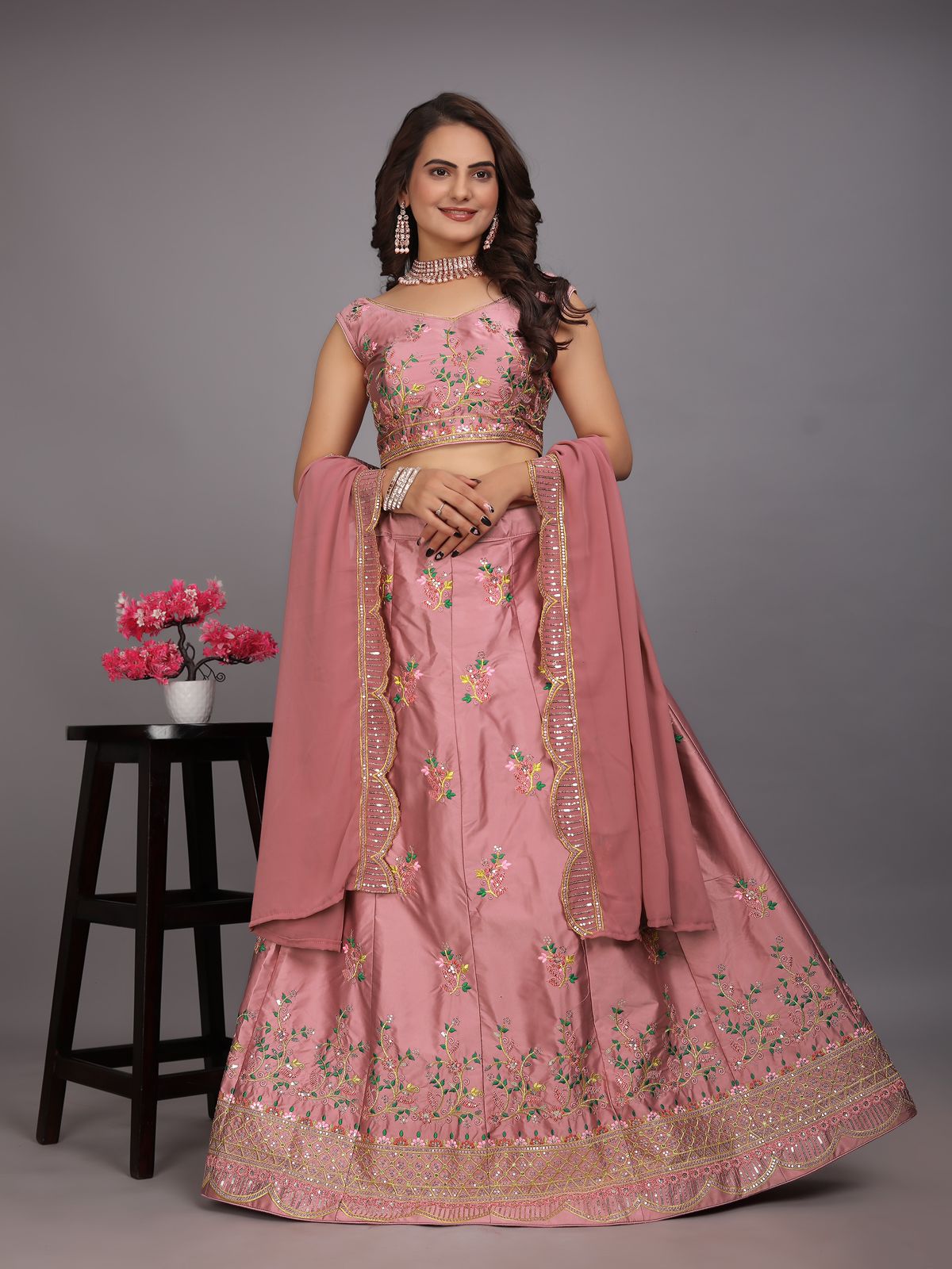 Malay Satin Silk Sequence Embroidery Work Lehenga Blouse Dupatta image 1