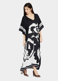Black White Women Caftan, Soft Satin Silk Caftan image 1