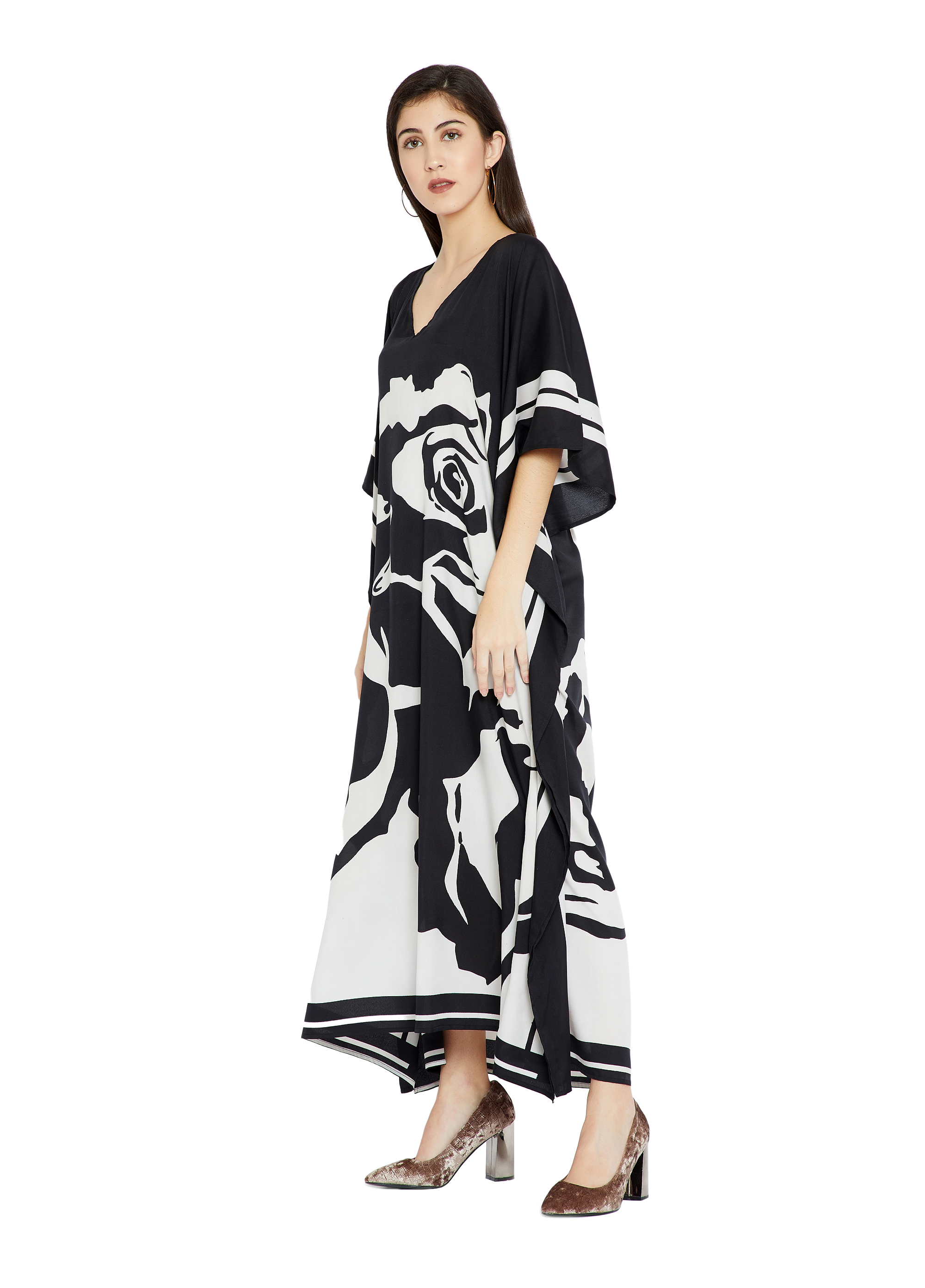 Black White Women Caftan, Soft Satin Silk Caftan image 2