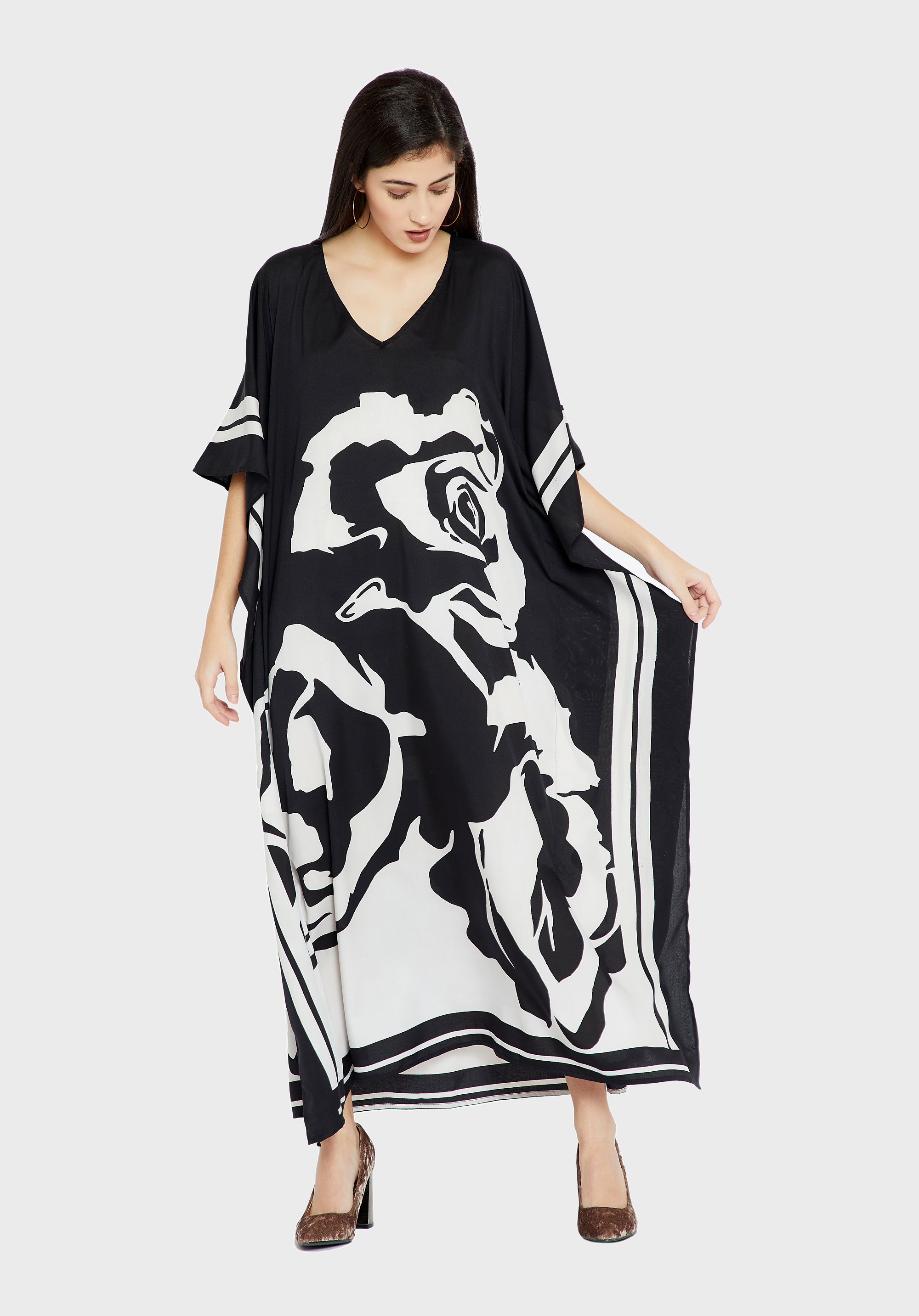 Black White Women Caftan, Soft Satin Silk Caftan image 3