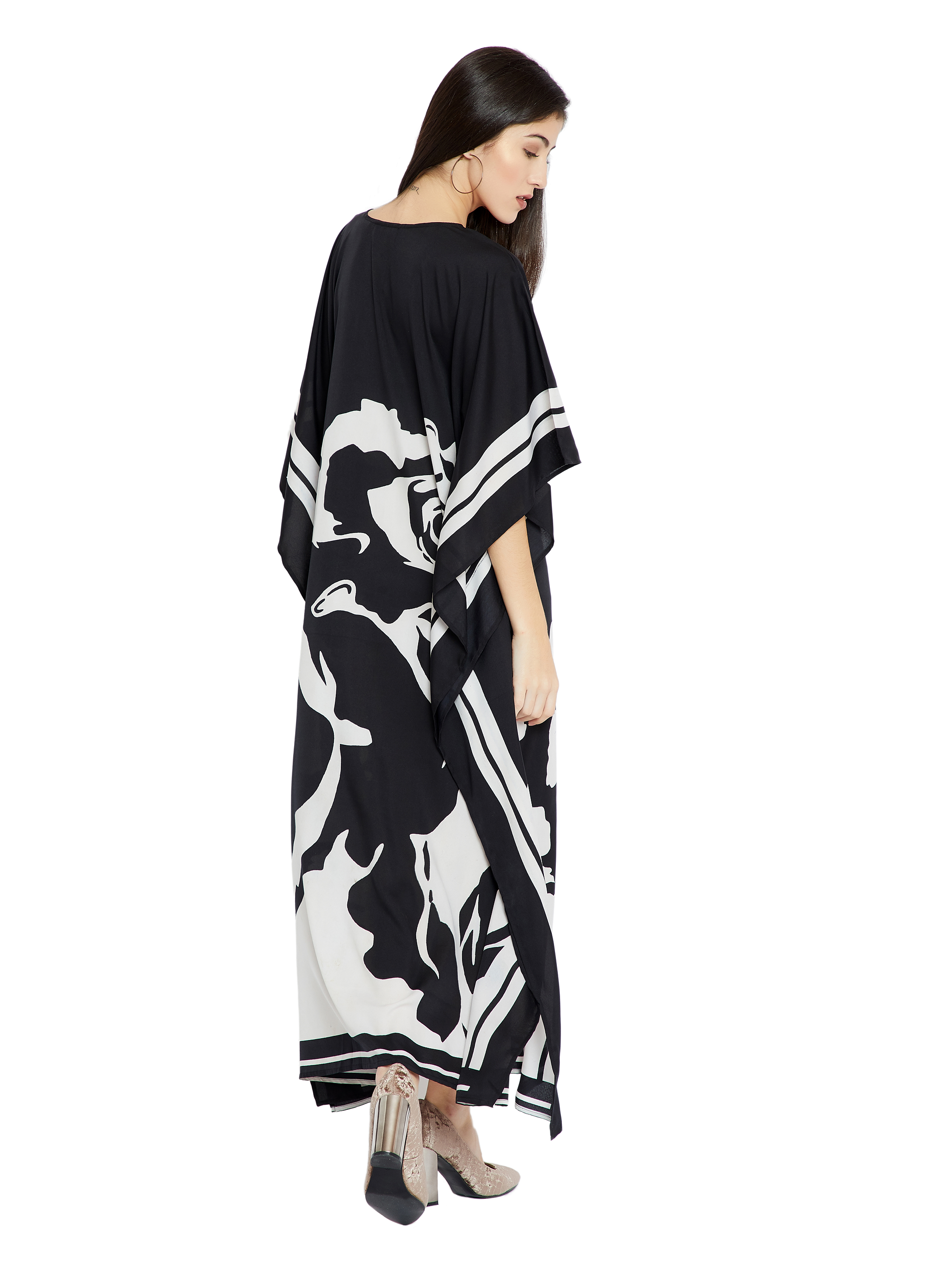 Black White Women Caftan, Soft Satin Silk Caftan image 4