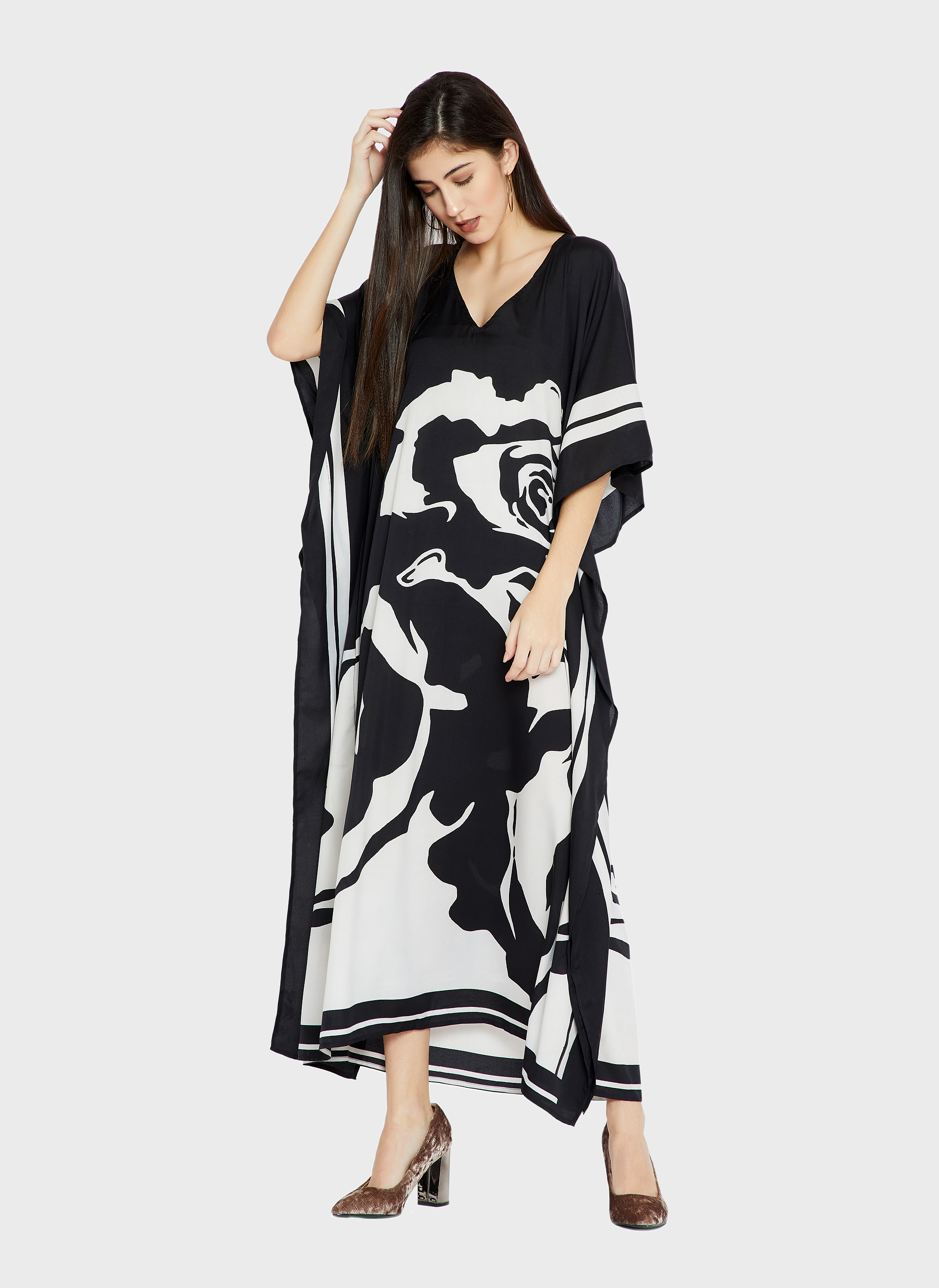 Black White Women Caftan, Soft Satin Silk Caftan image 5
